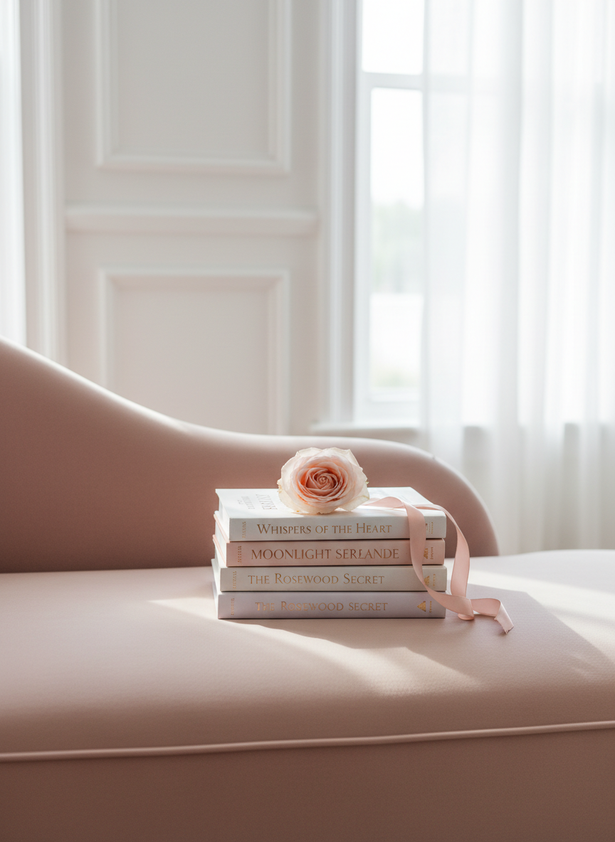 A small stack of contemporary romance and women’s fiction books with elegant, minimalist covers sits neatly on a soft blush velvet chaise lounge. A silk ribbon peeks from one book as a bookmark, while a single pale pink rose rests atop the stack, petals slightly unfurled. Behind the lounge, tall white paneled walls and a floor-to-ceiling window with sheer curtains create a refined interior. Soft, diffused morning light enters the room, casting faint shadows on the velvet texture and illuminating subtle gold foil titles. Photographic, clean and modern style, captured from a slightly elevated angle with shallow depth of field, evoking a sophisticated, dreamy, and romantic atmosphere perfectly suited for an author’s homepage.