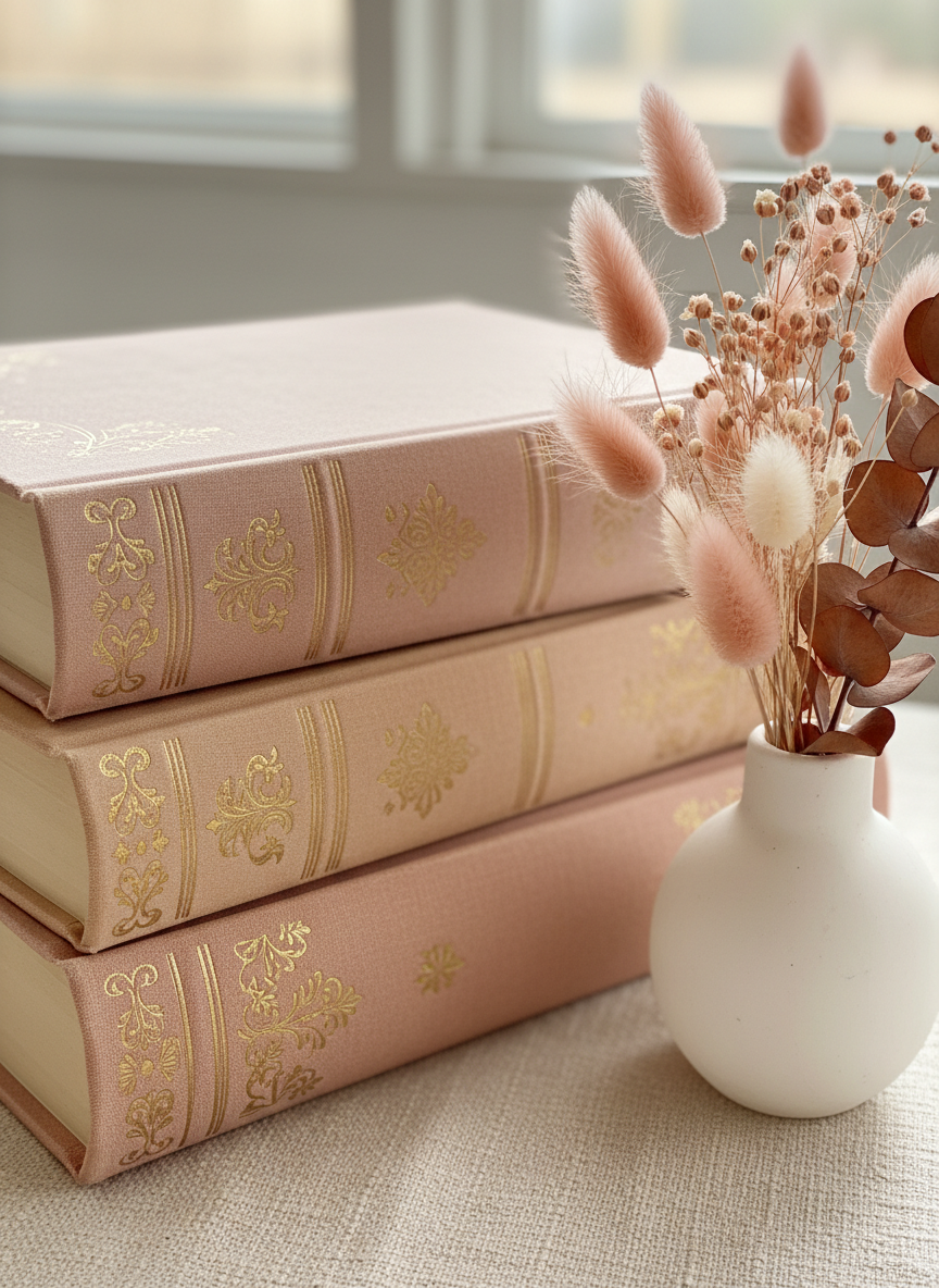 A cozy, sophisticated close-up of a stack of beautifully bound hardcover books beside a small vase of soft pink dried flowers on a warm cream surface, gentle natural light, blush and peach color palette, editorial literary mood.