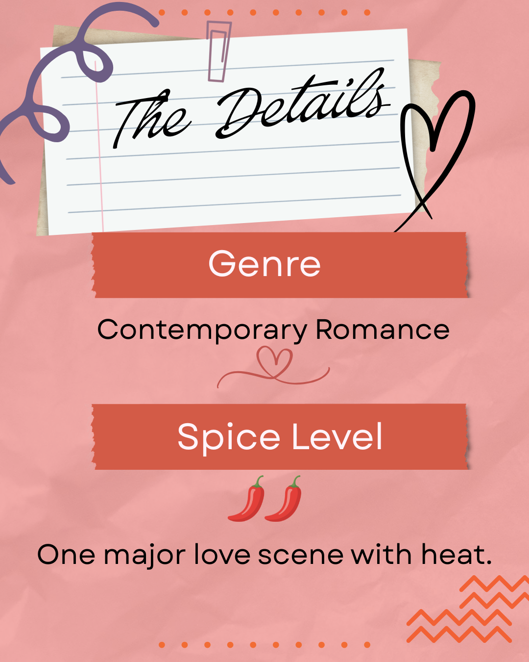 The Details - Genre: Contemporary Romance. Spice Level: 2 chilis - One major love scene with heat.