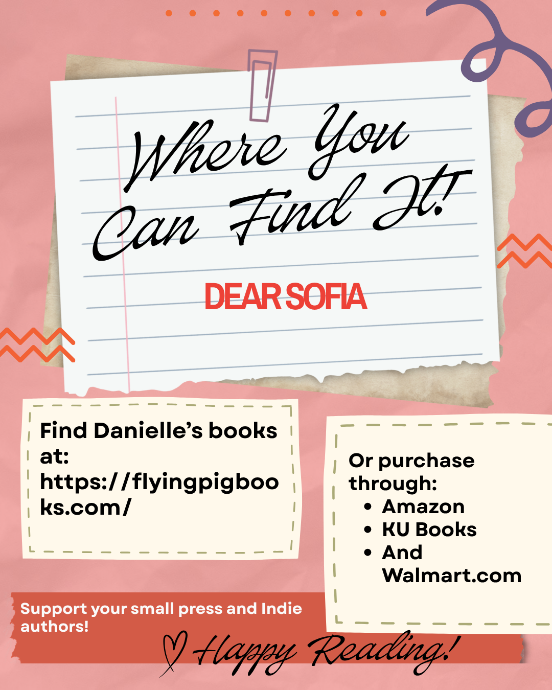 Where You Can Find It — Dear Sofia by Danielle Keil. Find Danielle's books at flyingpigbooks.com or purchase through Amazon, KU Books, and Walmart.com. Support your small press and indie authors! Happy Reading!