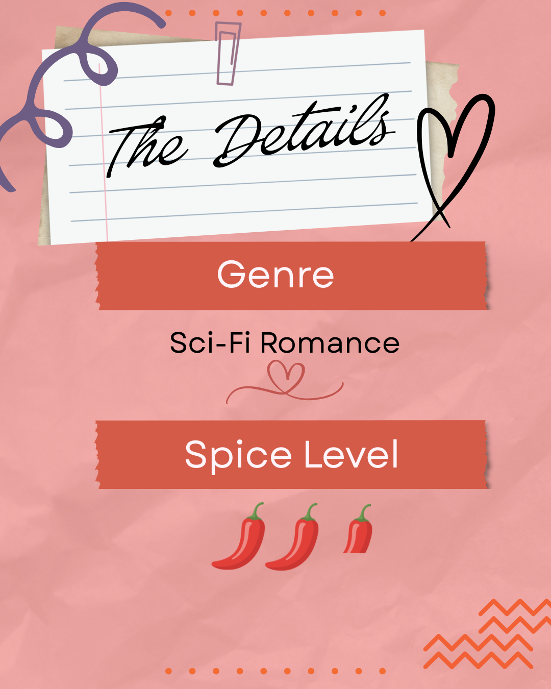 The Details slide showing genre: Sci-Fi Romance, and spice level: three chili peppers