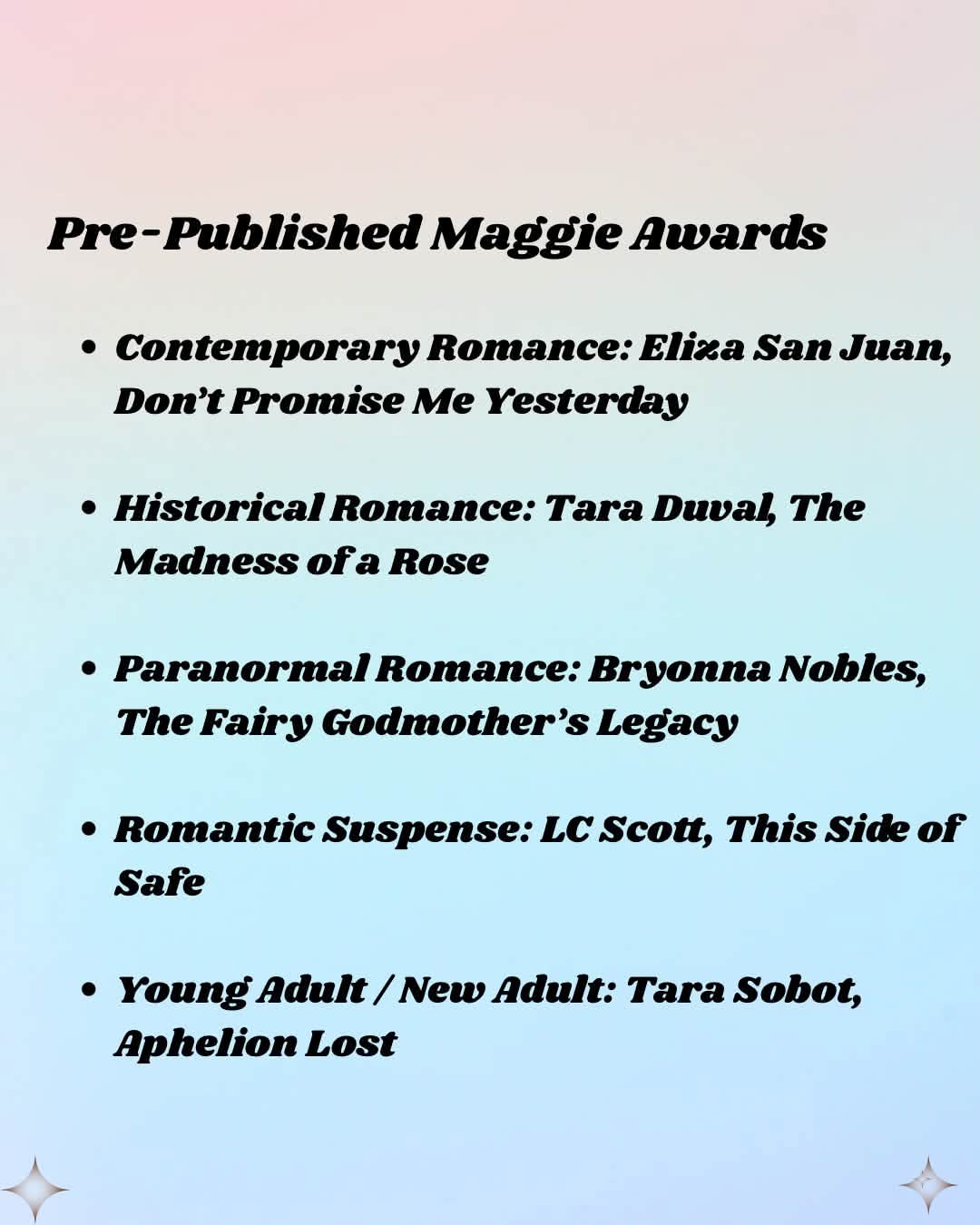 A close-up of a printed program page showing the pre-published list of Maggie Award finalists from Georgia Romance Writers of America.